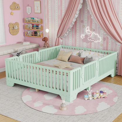 Full Floor Bed with Slats and Fence, Full Size Montessori Floor Beds with Door, No Box Spring Needed,Mint Green(Expect Arrival Date 2025/12/23)