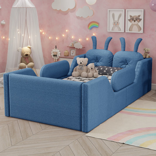 Twin Size Upholstered Platform Bed with Rabbit Cushion, Kids Floor Upholstered Bed with Removable Side Rails, Blue(Expect Arrival Date 2025/1/15)