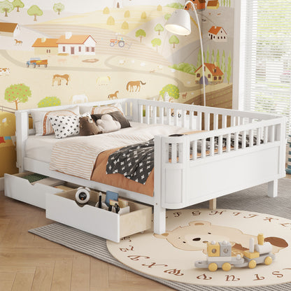 Full Size Wood Platform Bed for Kids, Wood Low Profile Full Bed with Rails for Girls and Boys, White (Old SKU W2593P331684 )