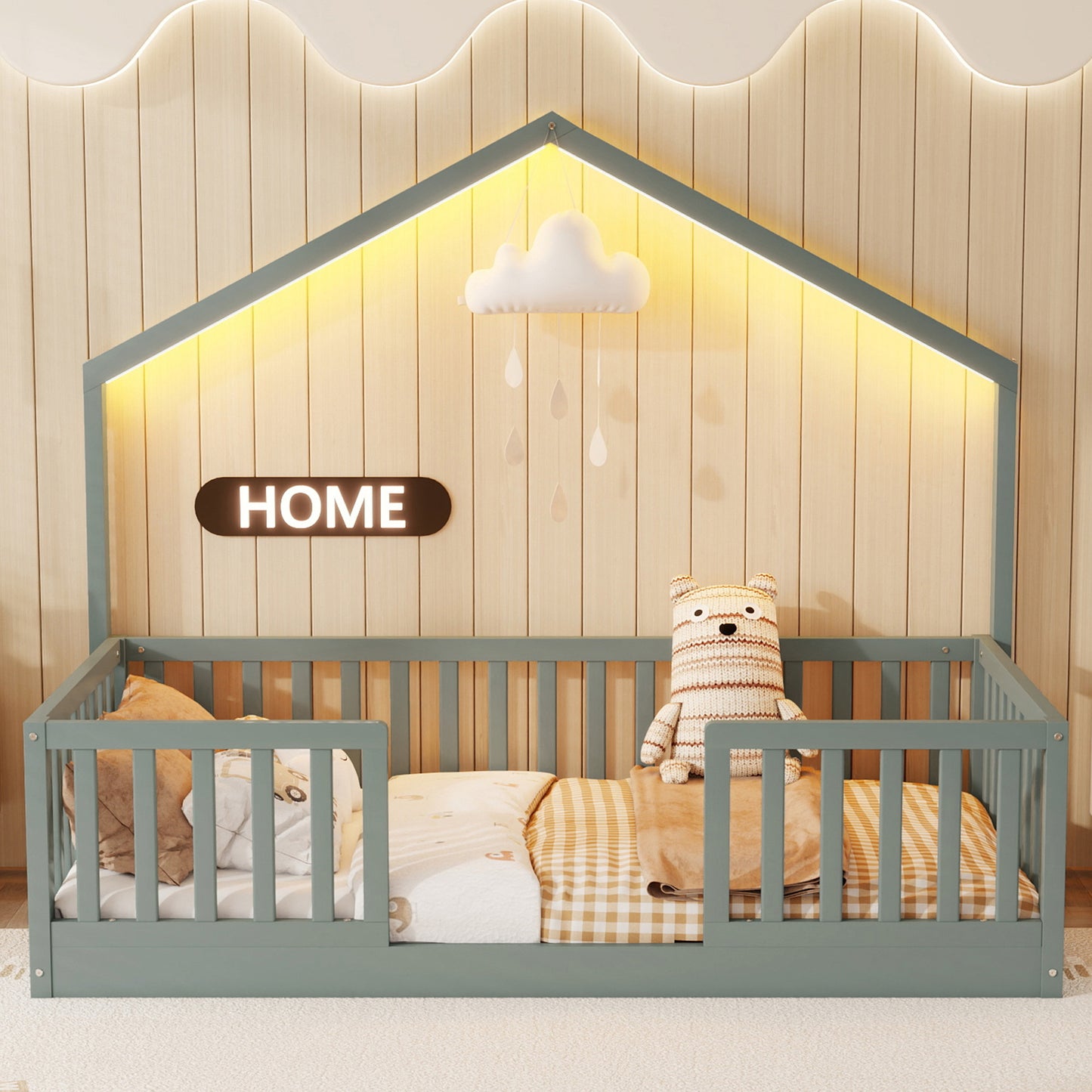 Twin Grey Wood Floor Bed with LED Light
