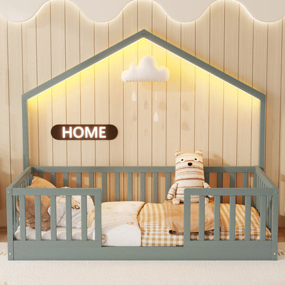 Twin Grey Wood Floor Bed with LED Light