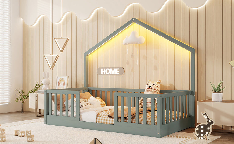 Twin Grey Wood Floor Bed with LED Light