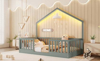 Twin Grey Wood Floor Bed with LED Light