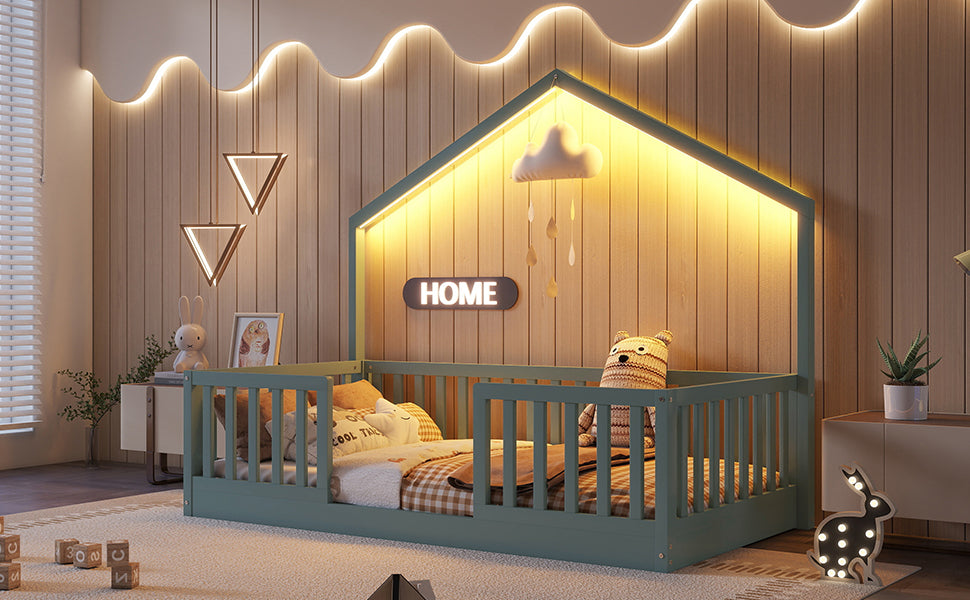 Twin Grey Wood Floor Bed with LED Light