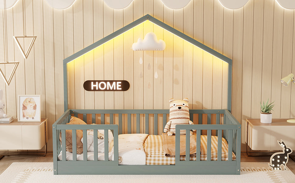 Twin Grey Wood Floor Bed with LED Light