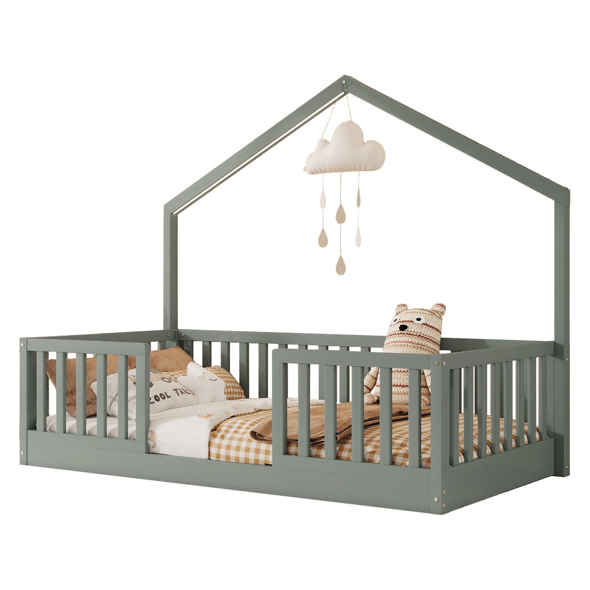 Twin Grey Wood Floor Bed with LED Light
