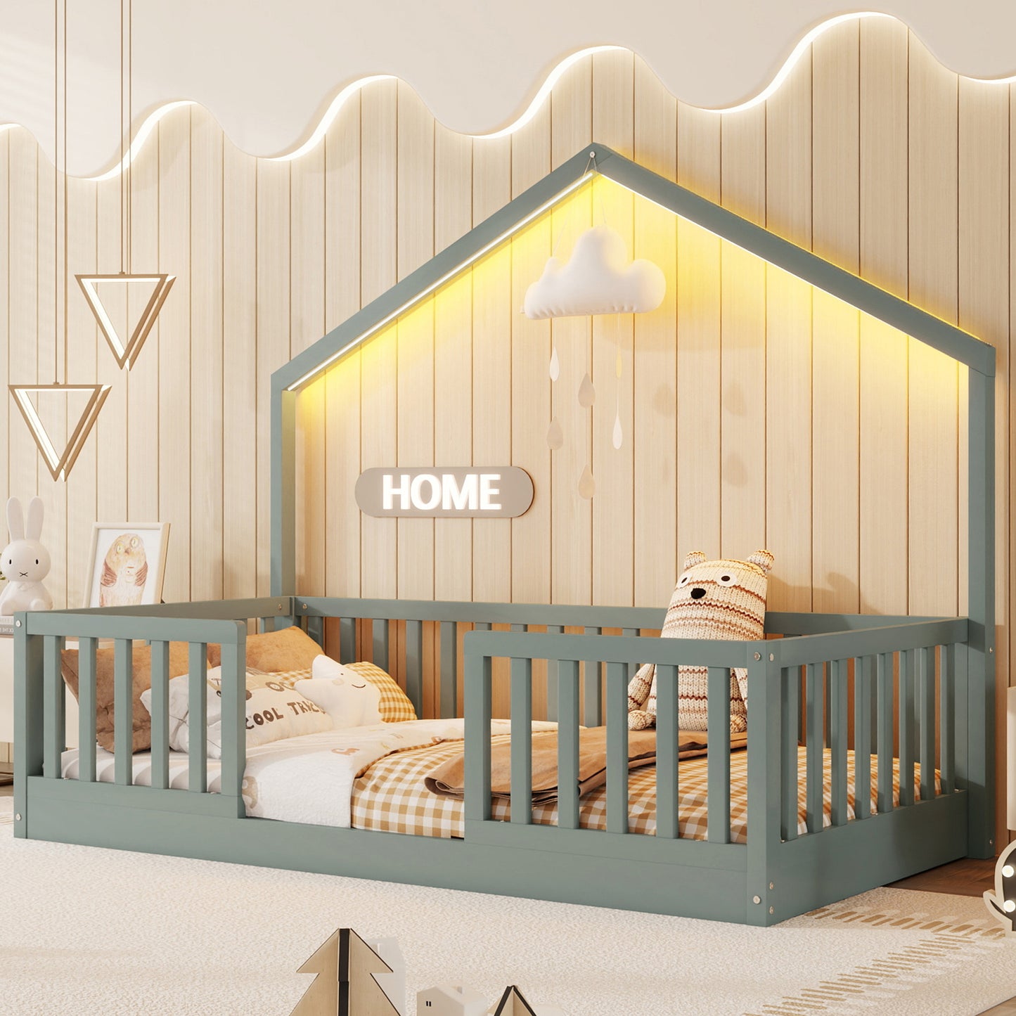 Twin Floor Bed with High Rails, Wooden Montessori Bed with Light for Kids, Boys and Girls ,Gray(Expect Arrival Date 2026/3/16)