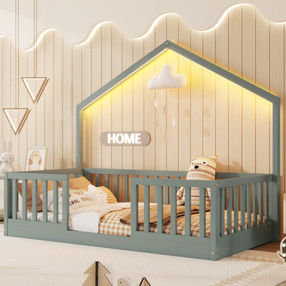 Twin Floor Bed with High Rails, Wooden Montessori Bed with Light for Kids, Boys and Girls ,Gray(Expect Arrival Date 2026/3/16)