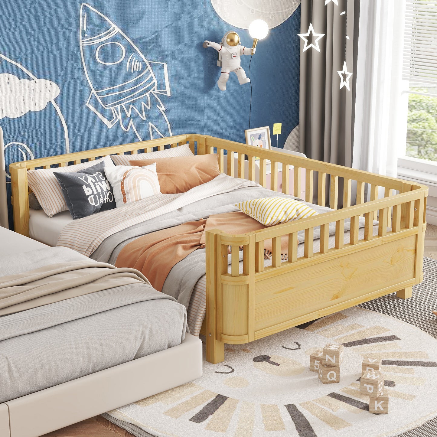 Full Size Kids Bed with Rails - Natural Pine Platform Bed