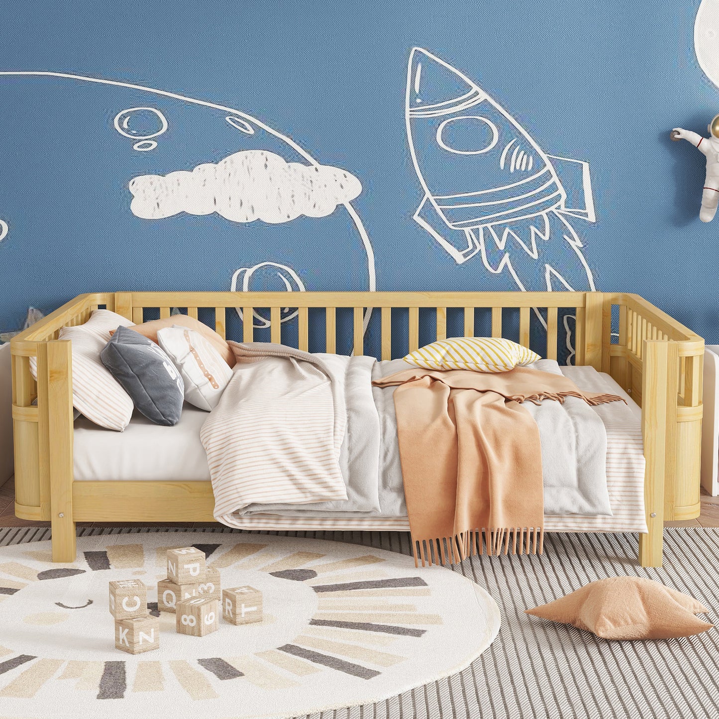 Full Size Kids Bed with Rails - Natural Pine Platform Bed