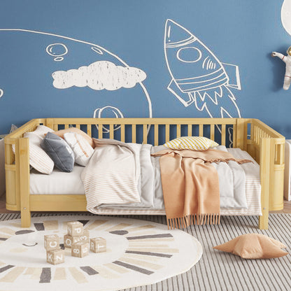 Full Size Kids Bed with Rails - Natural Pine Platform Bed