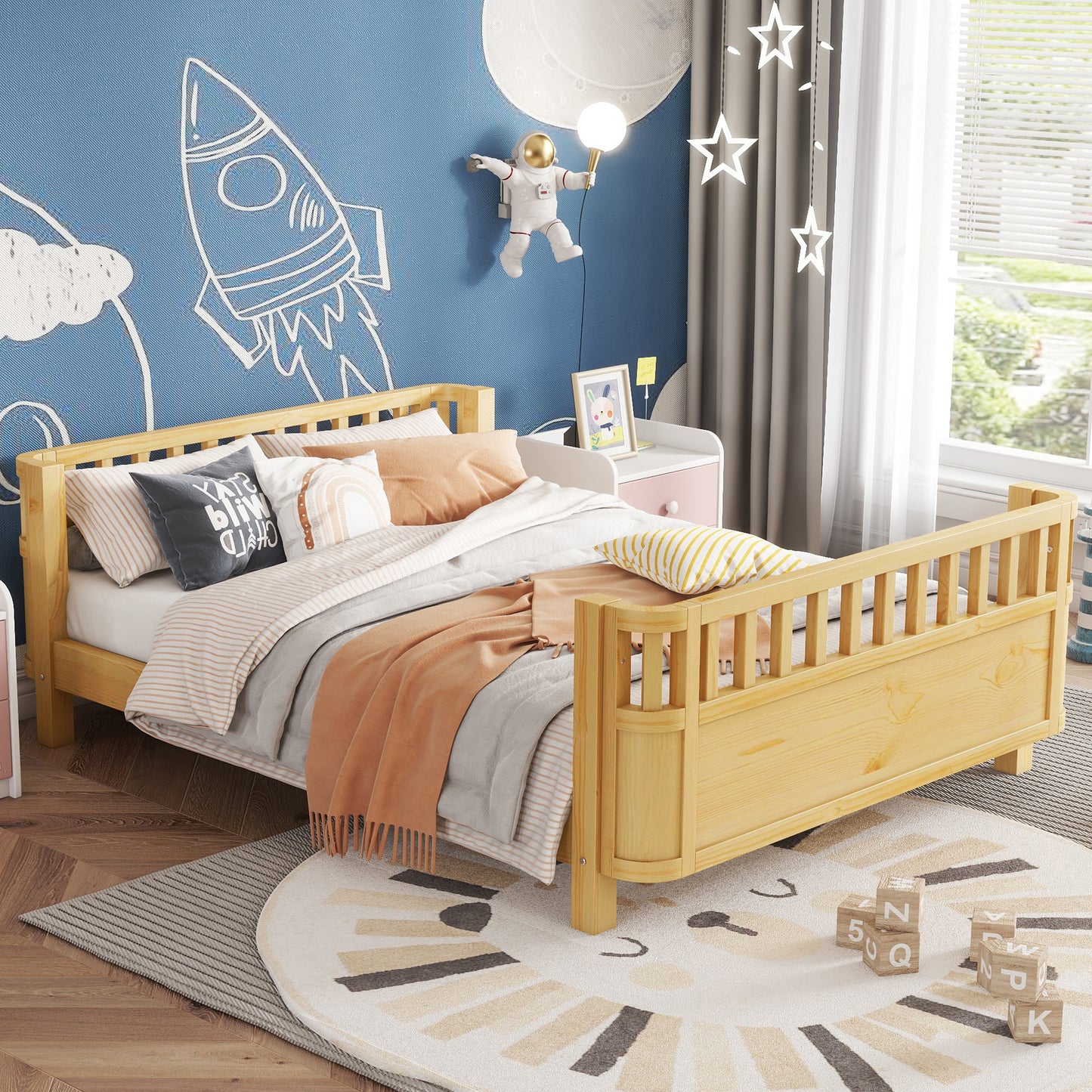 Full Size Kids Bed with Rails - Natural Pine Platform Bed