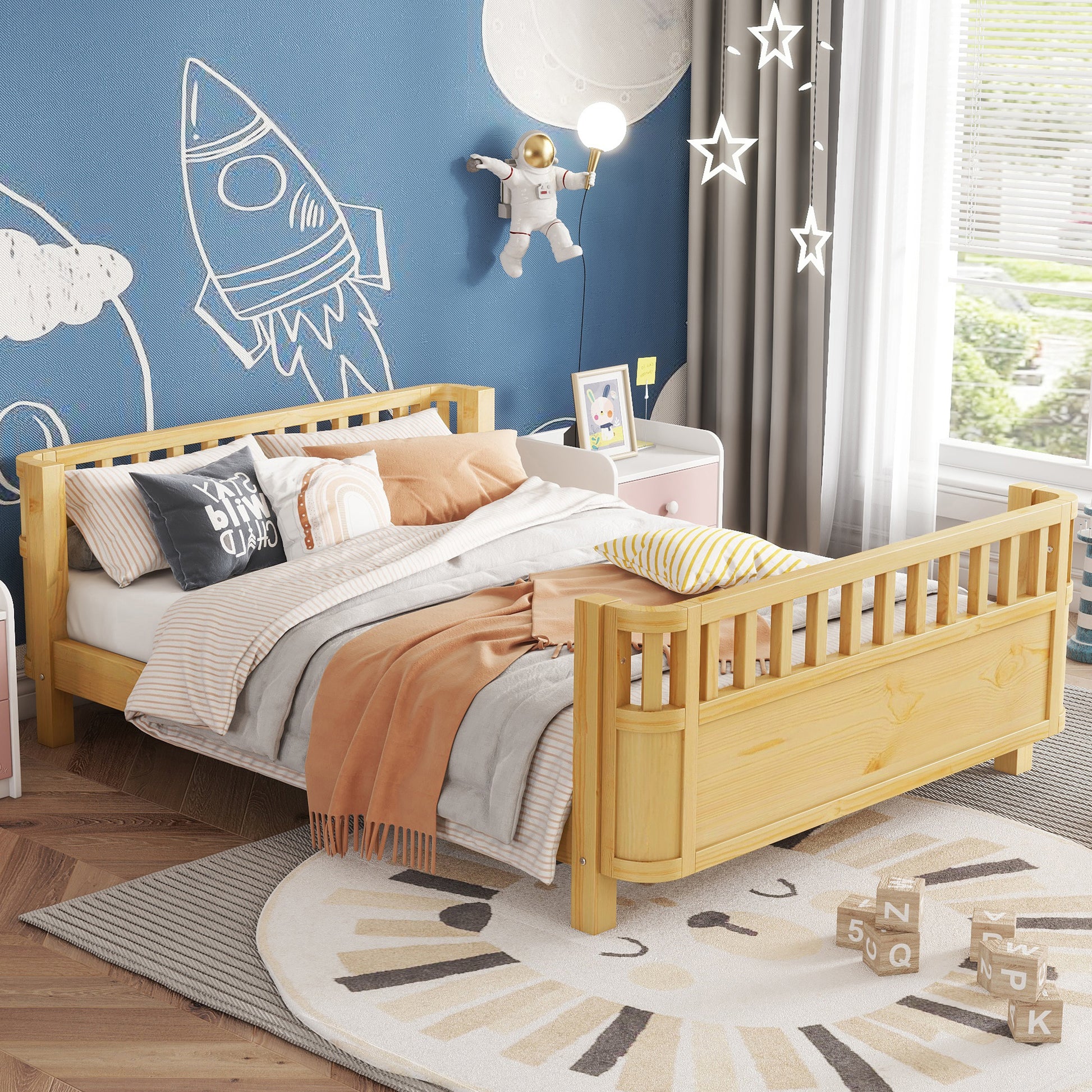 Full Size Kids Bed with Rails - Natural Pine Platform Bed