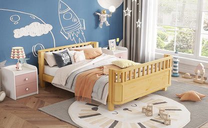 Full Size Kids Bed with Rails - Natural Pine Platform Bed