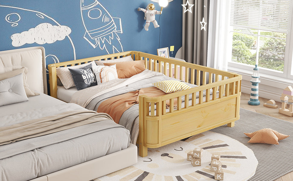 Full Size Kids Bed with Rails - Natural Pine Platform Bed