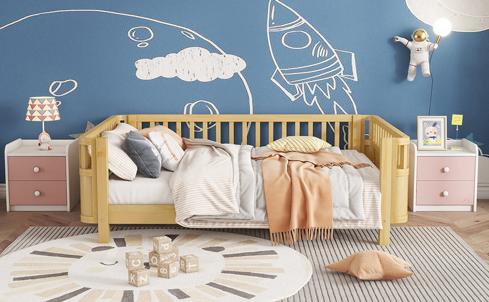 Full Size Kids Bed with Rails - Natural Pine Platform Bed