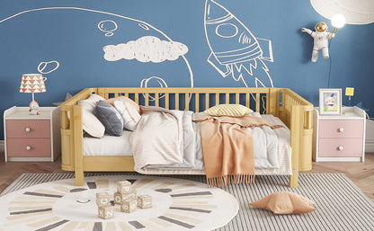Full Size Kids Bed with Rails - Natural Pine Platform Bed