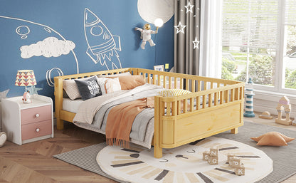 Full Size Kids Bed with Rails - Natural Pine Platform Bed