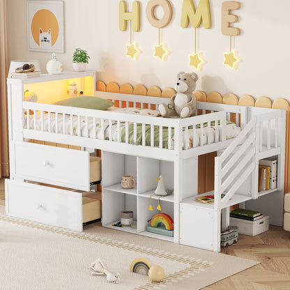 Twin Size Loft Bed with LED and Bookshelf, Wood Low Loft Bed with Stairs, Kids Twin Loft Bed with Storage Drawers and Shelves,White (Expect Arrival Date 2025/1/20)