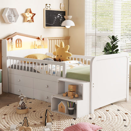 Low Loft Bed with LED Lights, Wooden Twin Loft Bed with House Shape Headboard, Kids Loft Bed with Storage Drawers, White (Expect Arrival Date 2025/1/20)