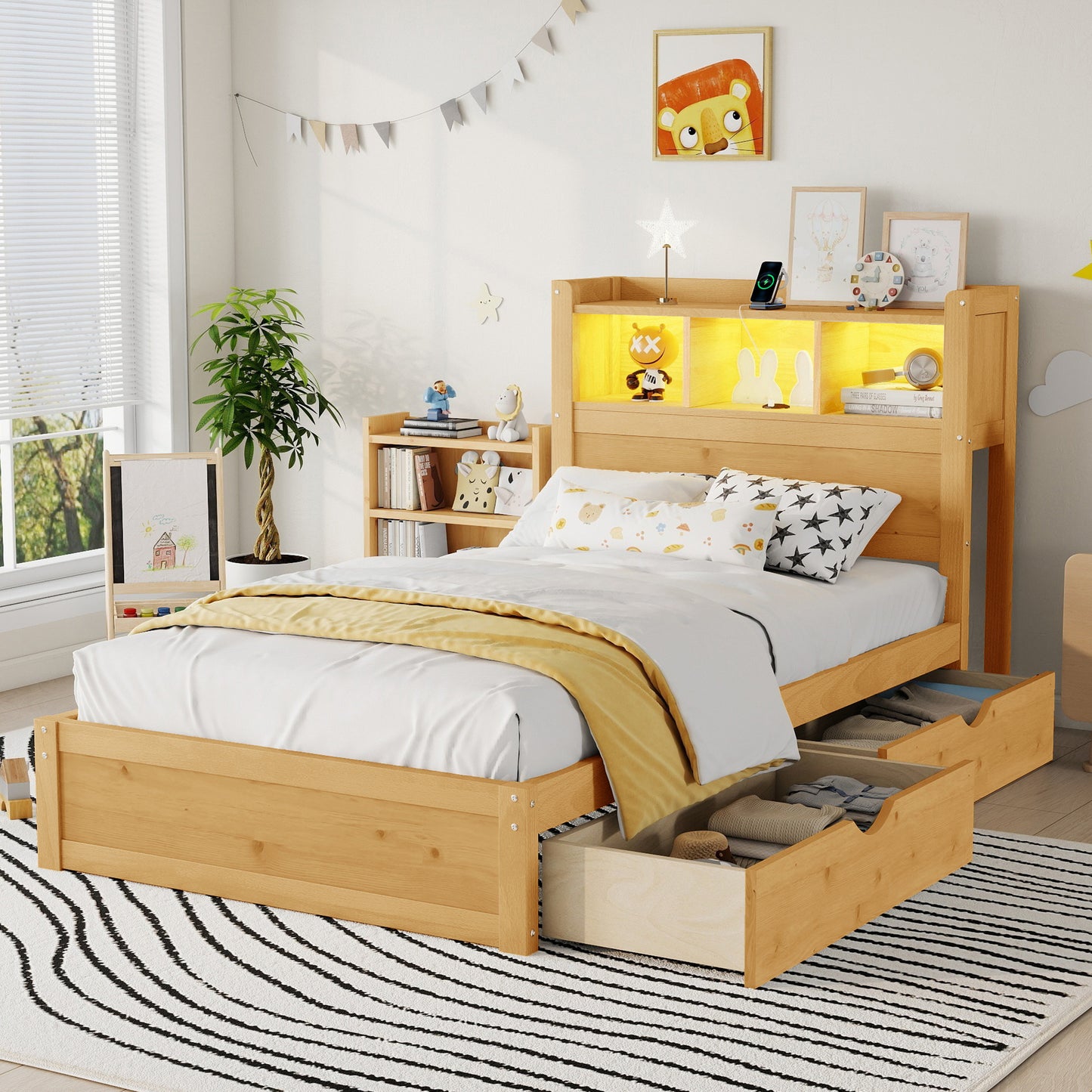 Twin Size Bed with Drawers, Wood Twin Bed with Storage Headboard and Pull Out Storage Cabinet, Wood Bed with Light and Socket, Natural (Expect Arrival Date 2026/2/10)