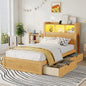 Twin Size Bed with Drawers, Wood Twin Bed with Storage Headboard and Pull Out Storage Cabinet, Wood Bed with Light and Socket, Natural (Expect Arrival Date 2026/2/10)