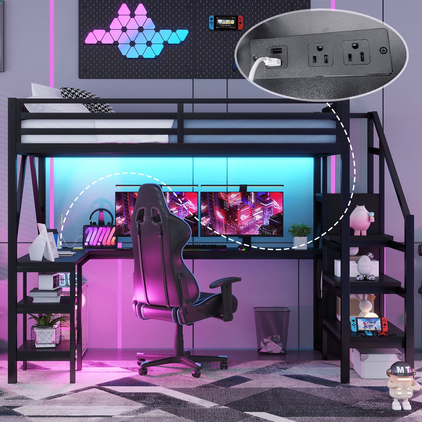 Metal Full Loft Bed with Wardrobe & LED - Black for Bedroom