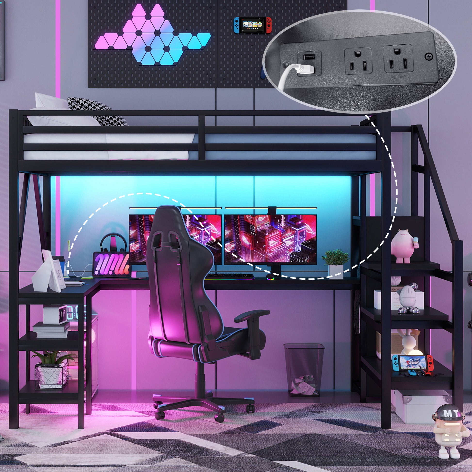 Metal Full Loft Bed with Wardrobe & LED - Black for Bedroom