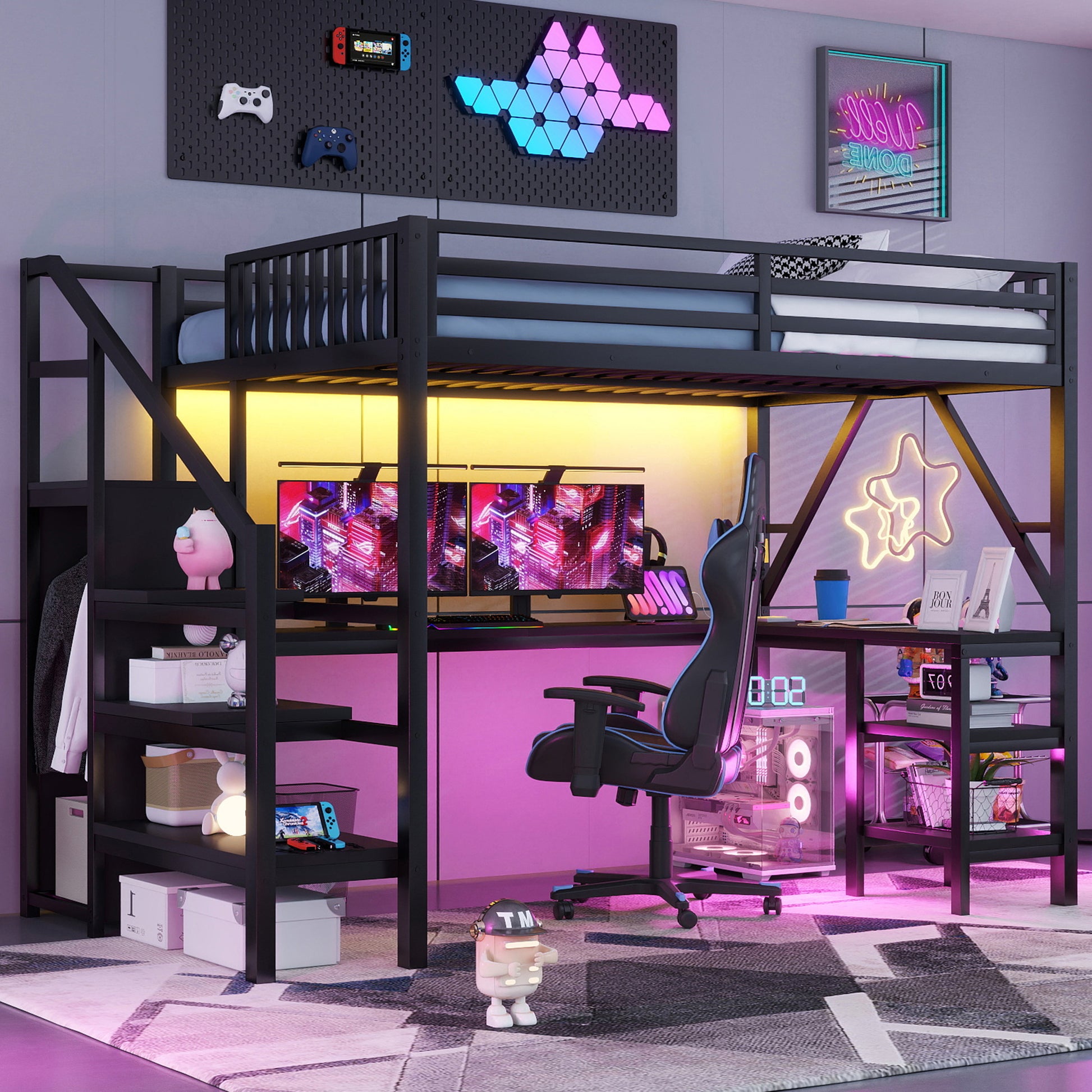 Metal Full Loft Bed with Wardrobe & LED - Black for Bedroom