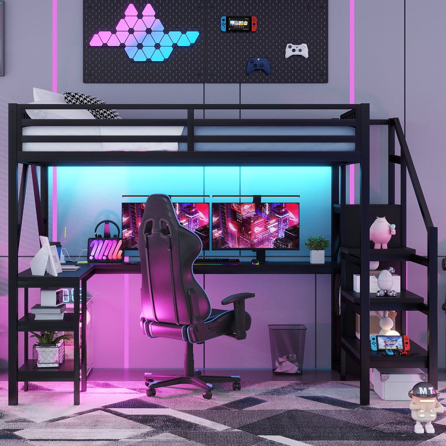 Metal Full Loft Bed with Wardrobe & LED - Black for Bedroom