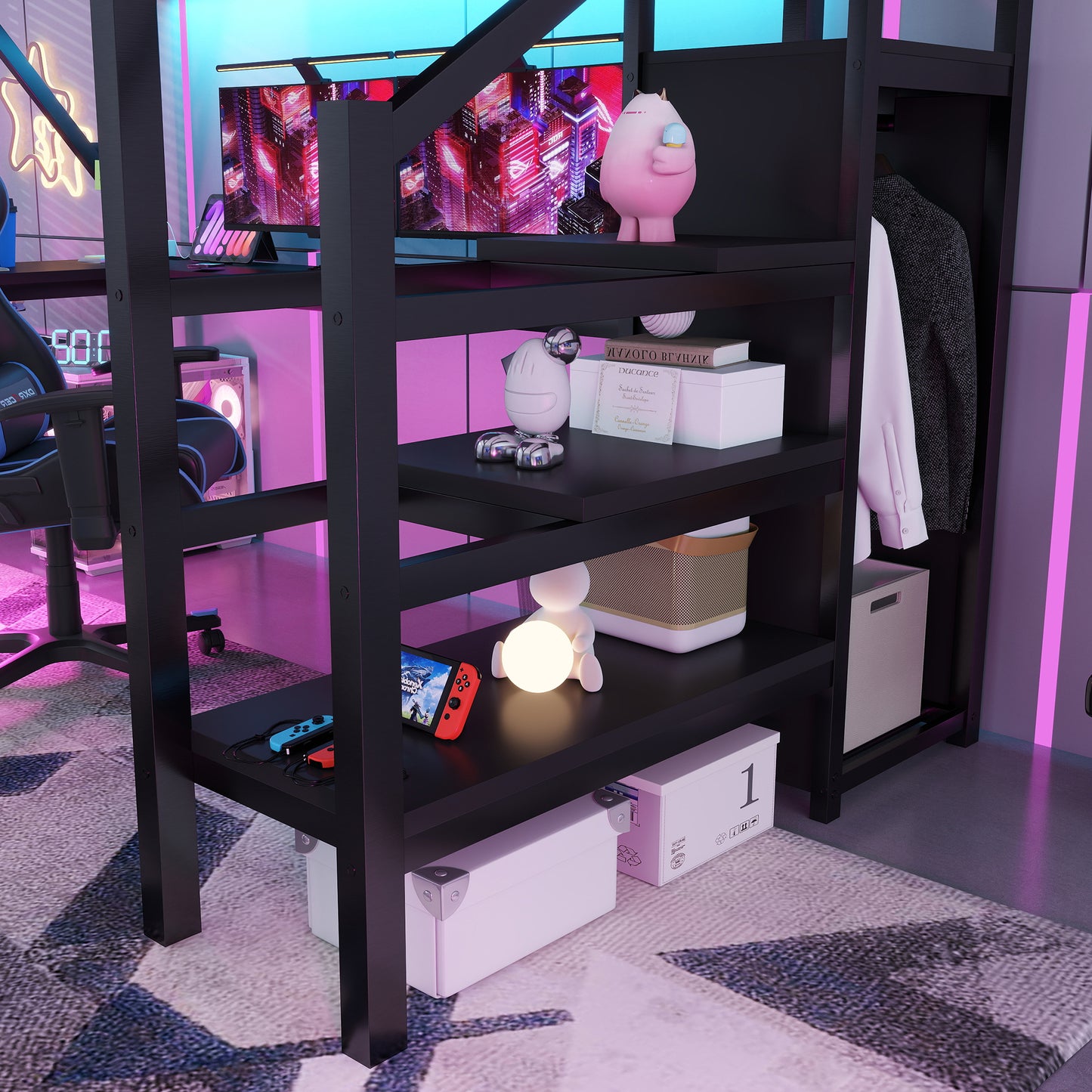 Metal Full Loft Bed with Wardrobe & LED - Black for Bedroom