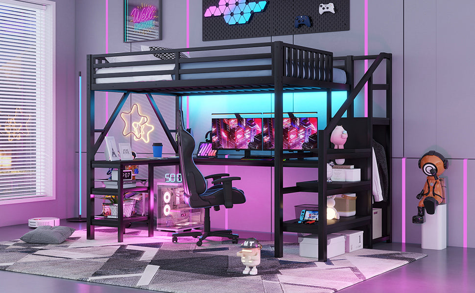 Metal Full Loft Bed with Wardrobe & LED - Black for Bedroom