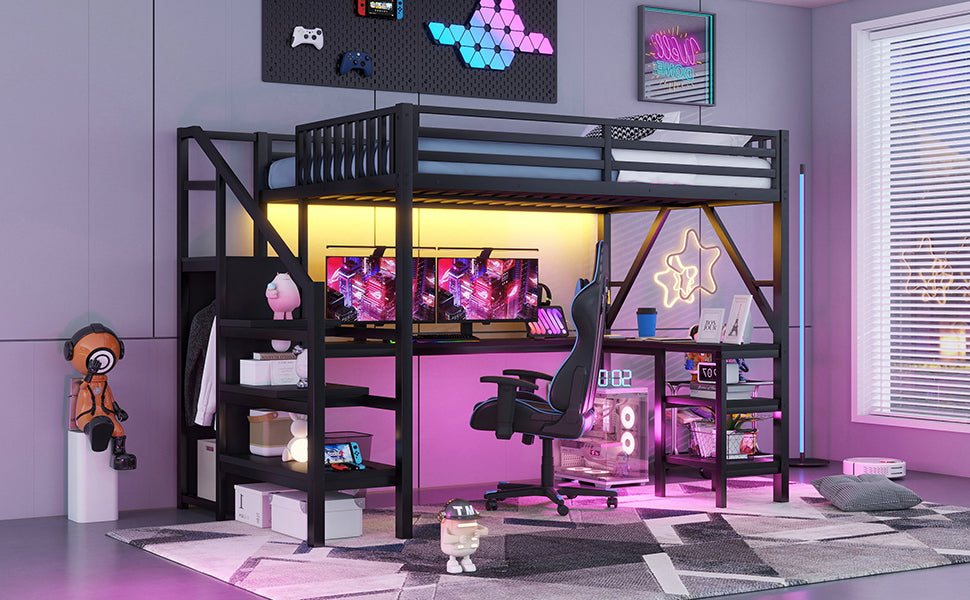Metal Full Loft Bed with Wardrobe & LED - Black for Bedroom