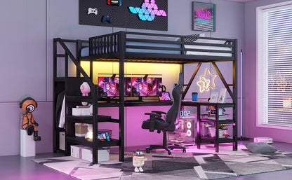 Metal Full Loft Bed with Wardrobe & LED - Black for Bedroom
