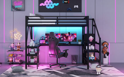 Metal Full Loft Bed with Wardrobe & LED - Black for Bedroom