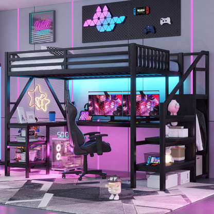 Metal Full Loft Bed with Wardrobe and LED Light, Full Size Loft Bed with L Shaped Desk and USB for Kids Teens Adults, Black(Old SKU W2593S00008,Expect Arrival Date 2026/2/25)