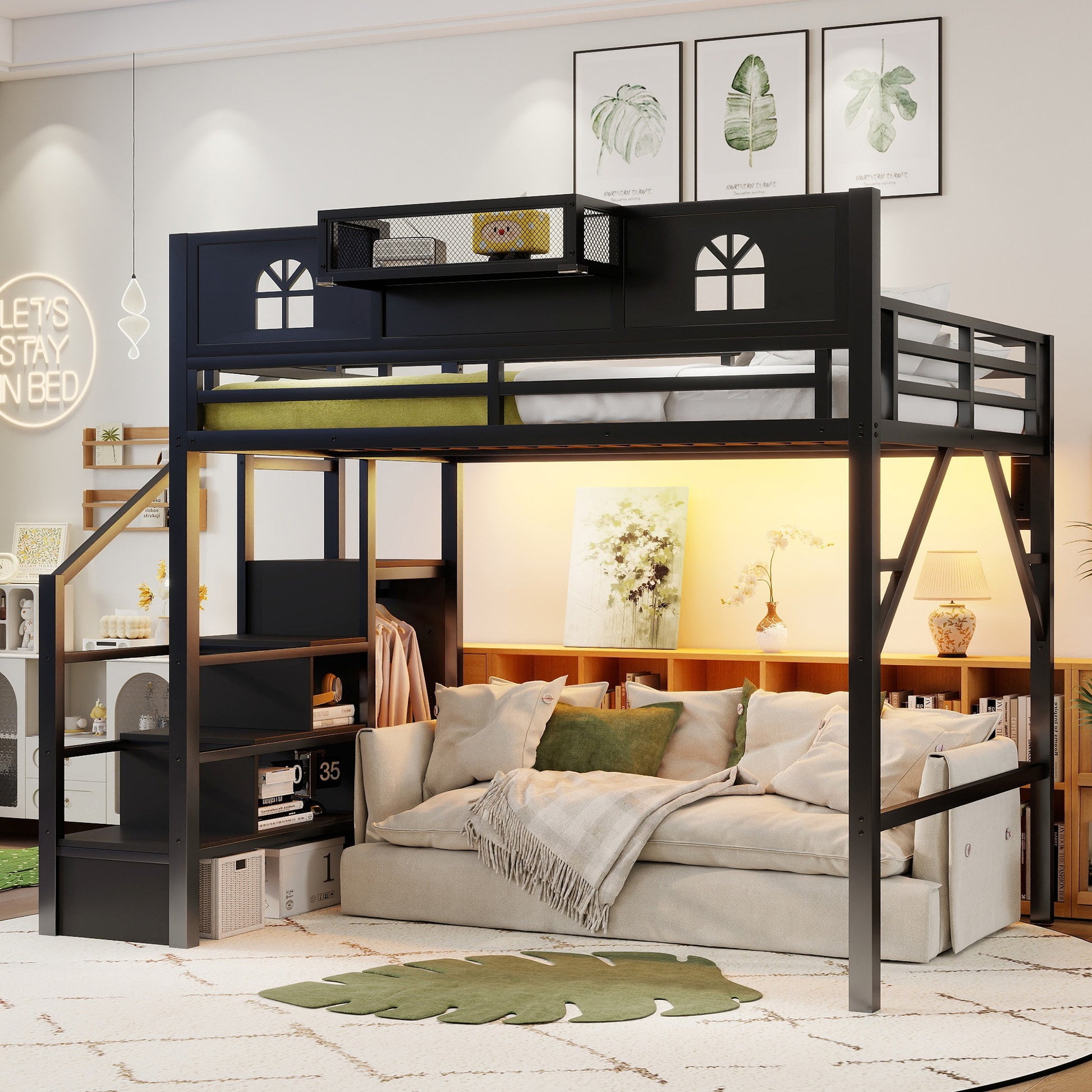 Full Size Loft Bed with Stairs, Metal Full Loft Bed with High and House Shaped Guardrails, High Loft Bed with Wardrobe for Kids Teens, black( Expect Arrival Date2026/3/17)