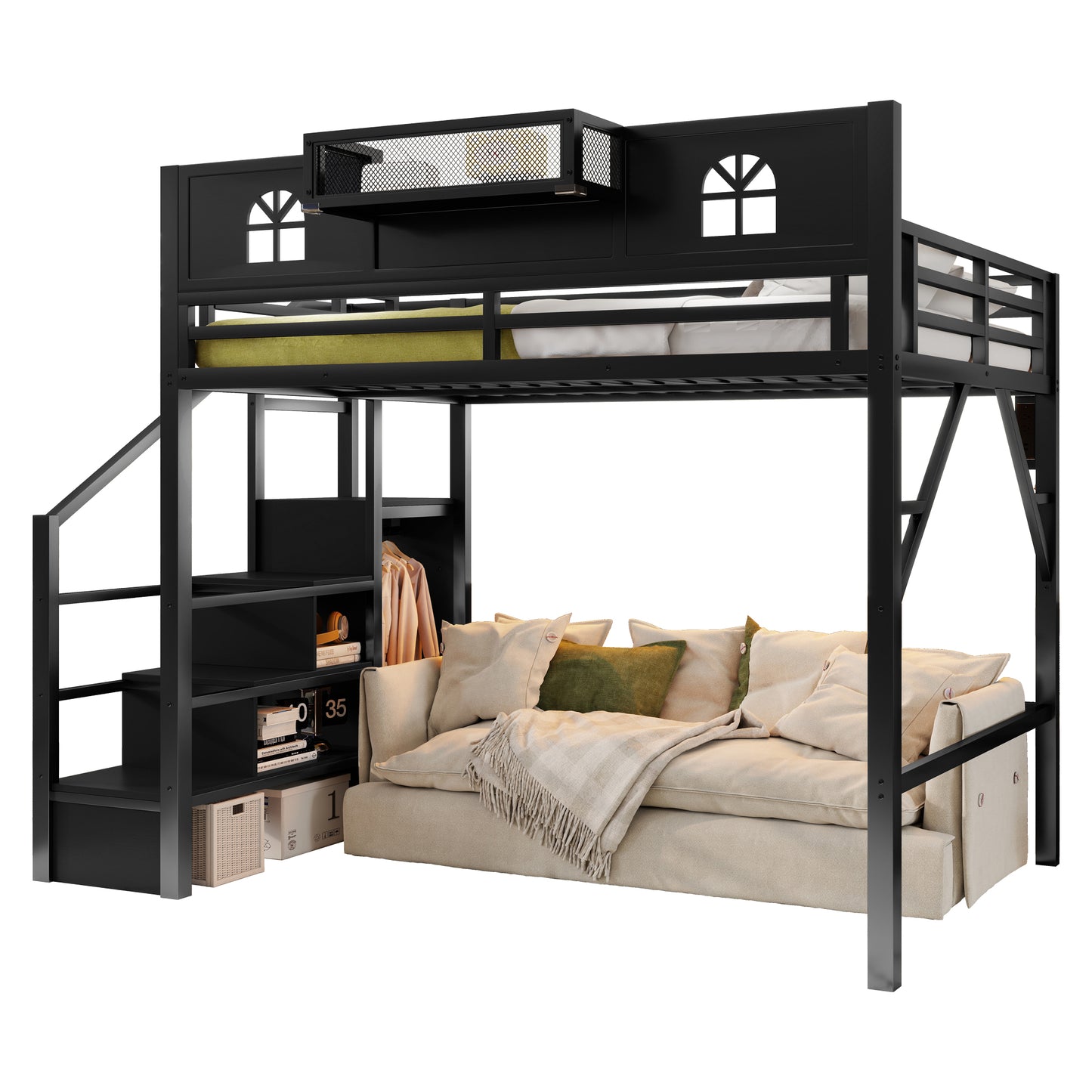 Full Size Metal Loft Bed with Stairs - Black