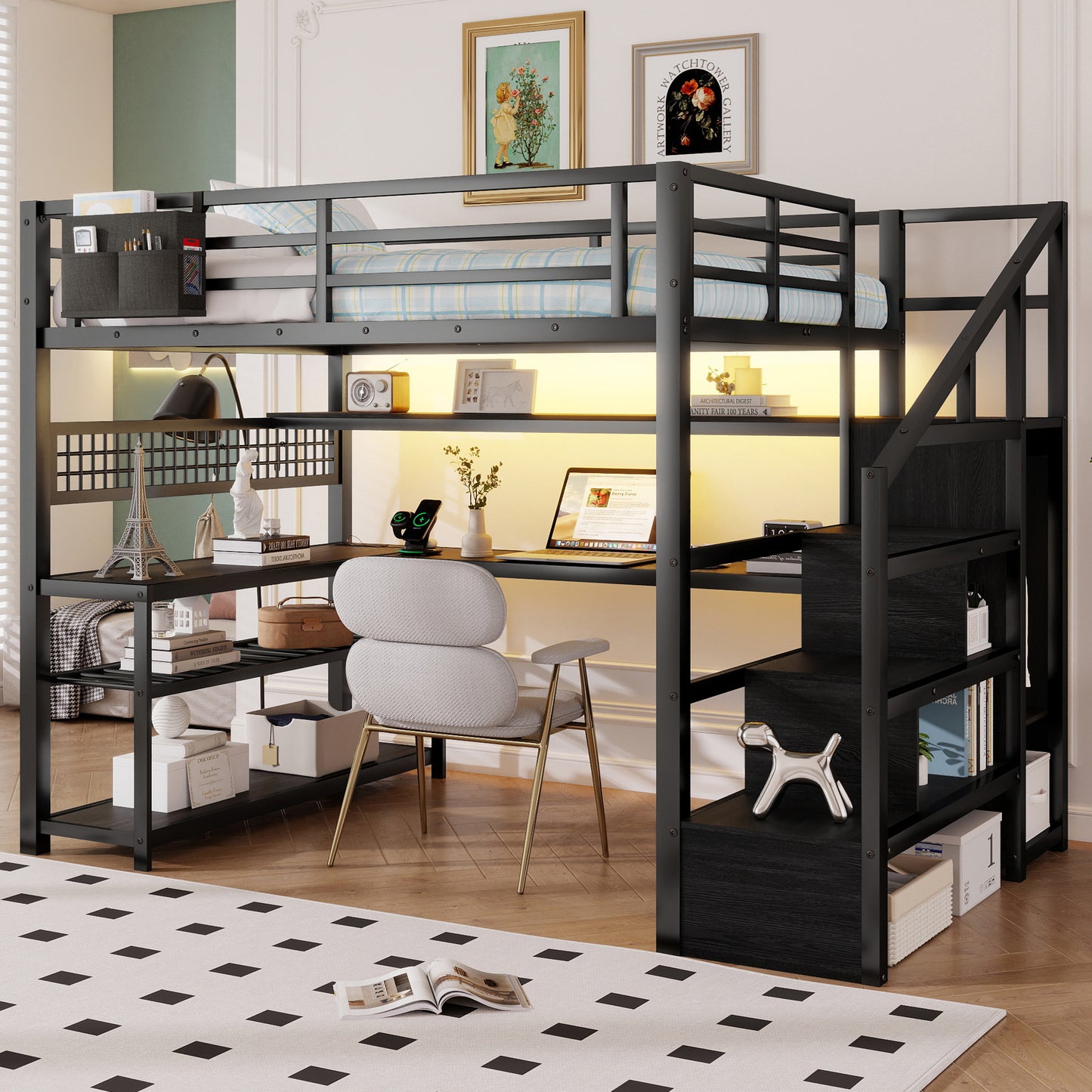 Full Size Loft Bed with Staircase & Wardrobe - Metal Storage Bed for Bedroom