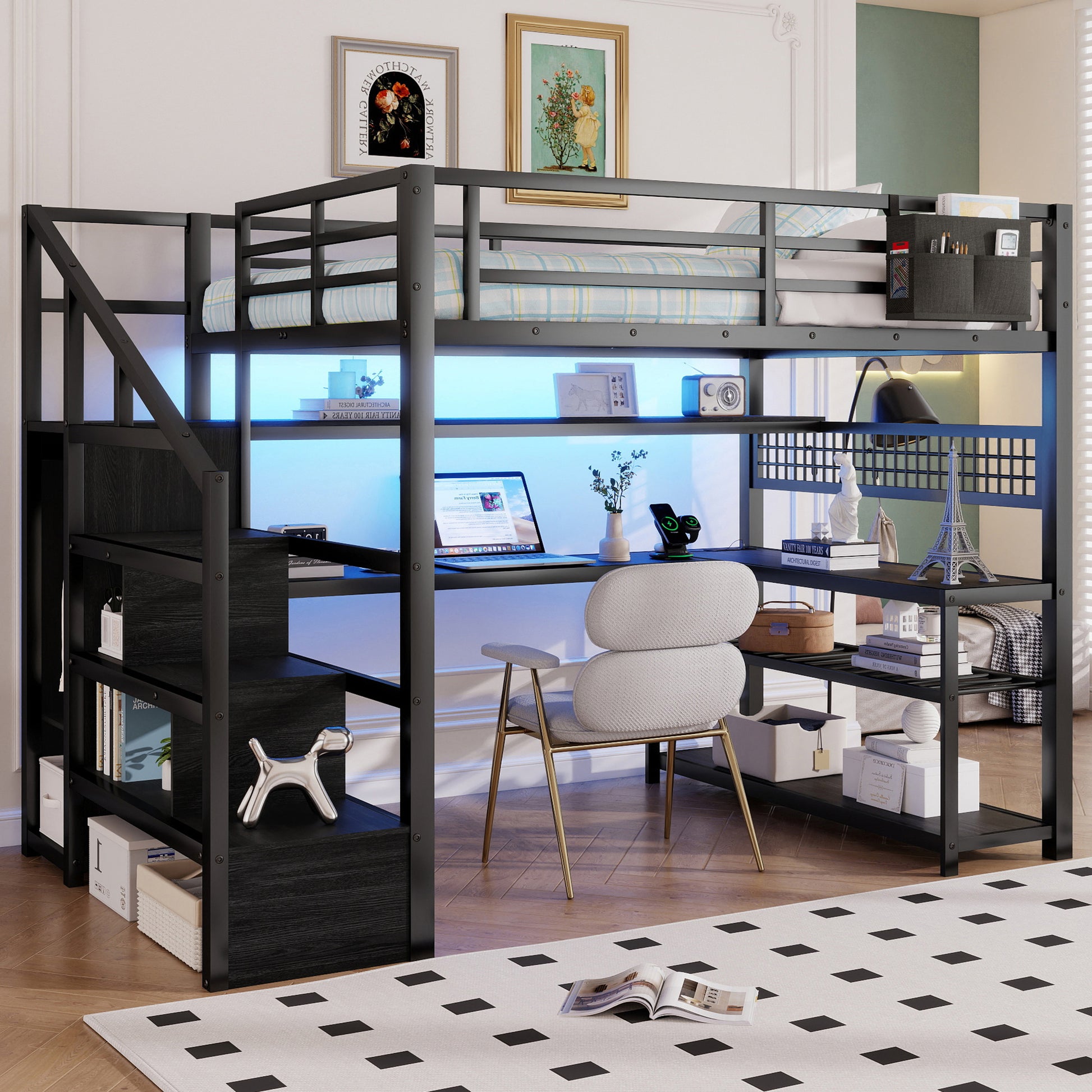 Full Size Loft Bed with Staircase & Wardrobe - Metal Storage Bed for Bedroom