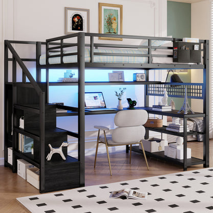 Full Size Loft Bed with Staircase & Wardrobe - Metal Storage Bed for Bedroom