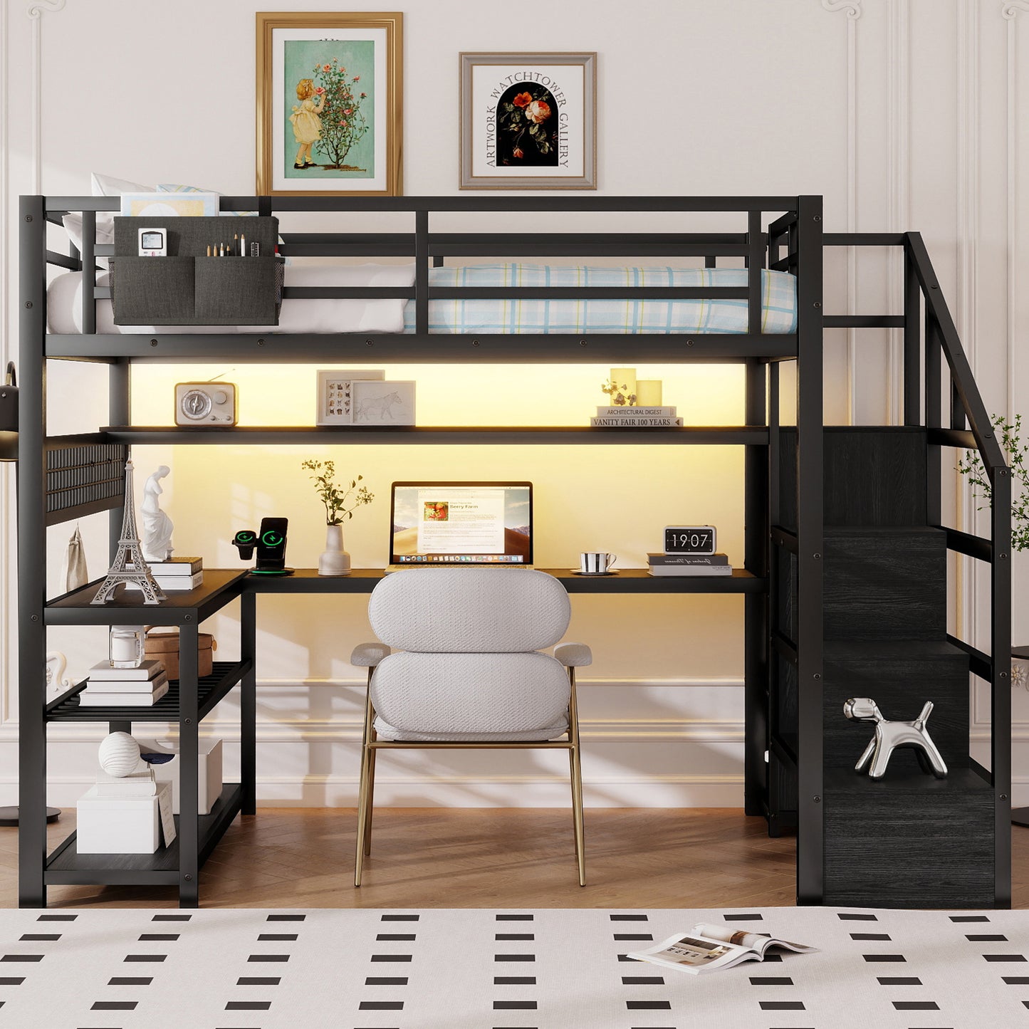 Full Size Loft Bed with Staircase & Wardrobe - Metal Storage Bed for Bedroom