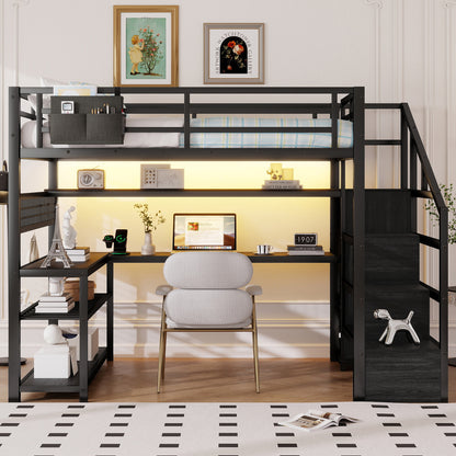Full Size Loft Bed with Staircase & Wardrobe - Metal Storage Bed for Bedroom