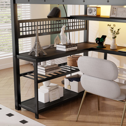 Full Size Loft Bed with Staircase & Wardrobe - Metal Storage Bed for Bedroom