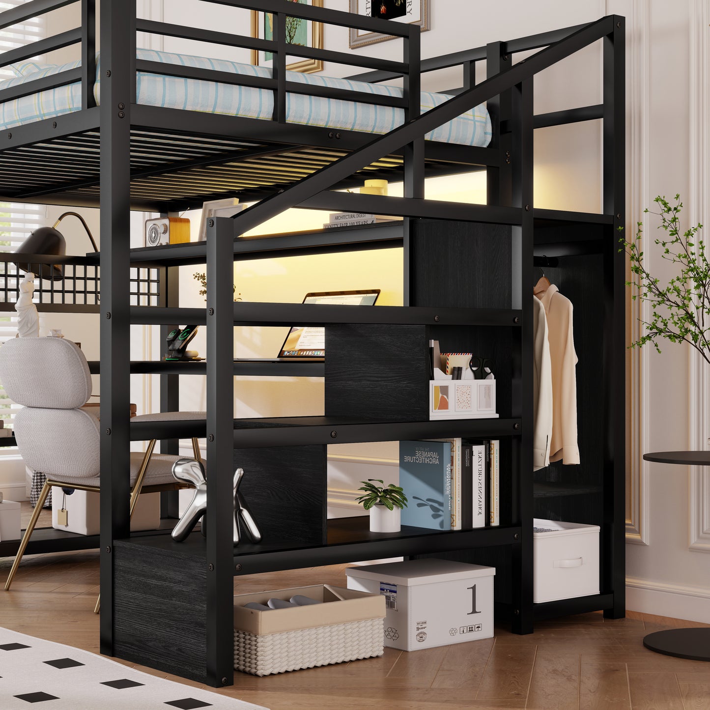 Full Size Loft Bed with Staircase & Wardrobe - Metal Storage Bed for Bedroom