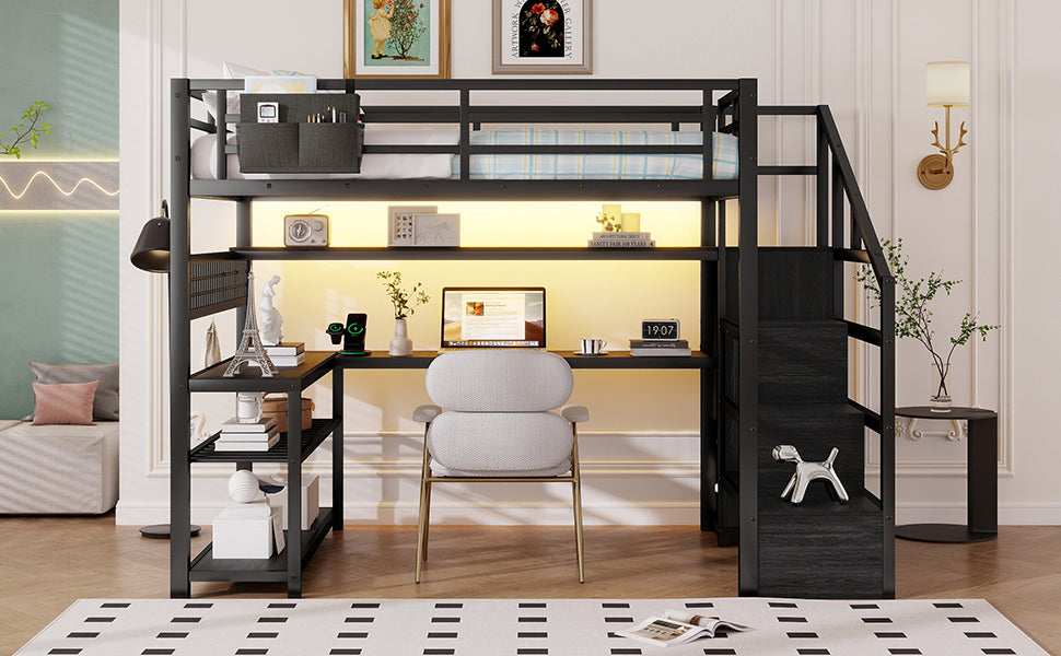 Full Size Loft Bed with Staircase & Wardrobe - Metal Storage Bed for Bedroom
