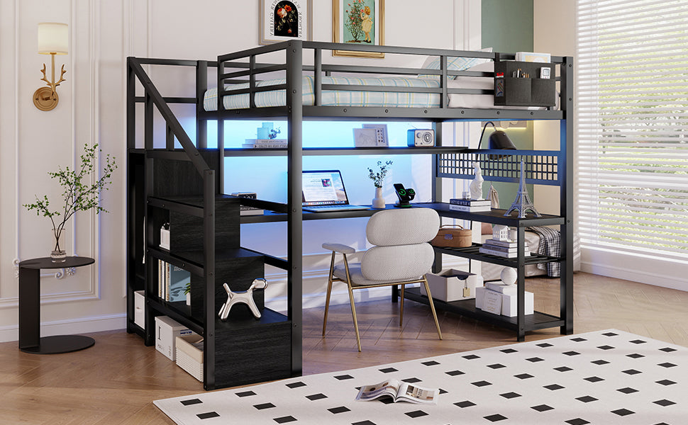 Full Size Loft Bed with Staircase & Wardrobe - Metal Storage Bed for Bedroom