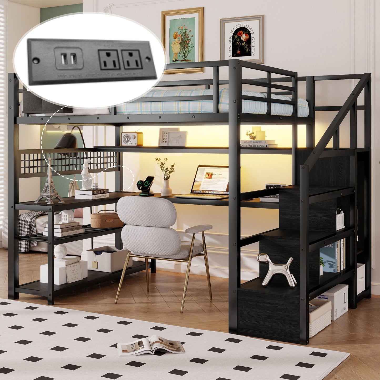 Full Size Loft Bed with Staircase and Wardrobe, Metal Loft Bed with Desk, Storage Shelves, LED Lights and Charge Station,Black(Expect Arrival Date 2026/5/9  Old SKUW2593S00060)