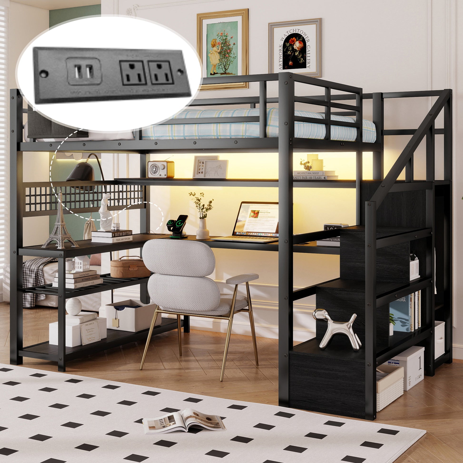Full Size Loft Bed with Staircase and Wardrobe, Metal Loft Bed with Desk, Storage Shelves, LED Lights and Charge Station,Black(Expect Arrival Date 2026/5/9  Old SKUW2593S00060)