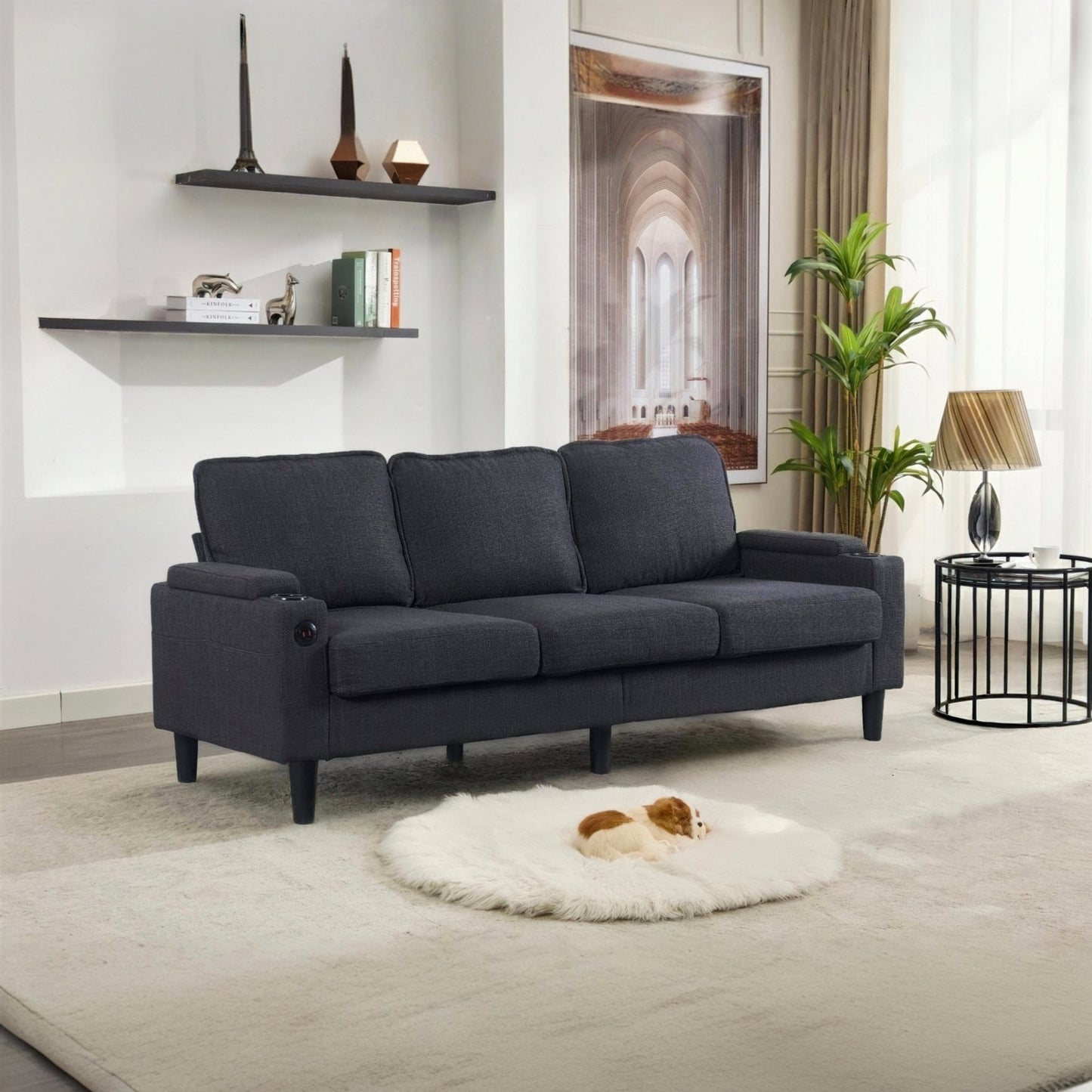 Dark Grey Linen 3 Seat Sofa with Storage Ottoman for Living Room